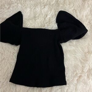 Black Puff Sleeve Ribbed Top